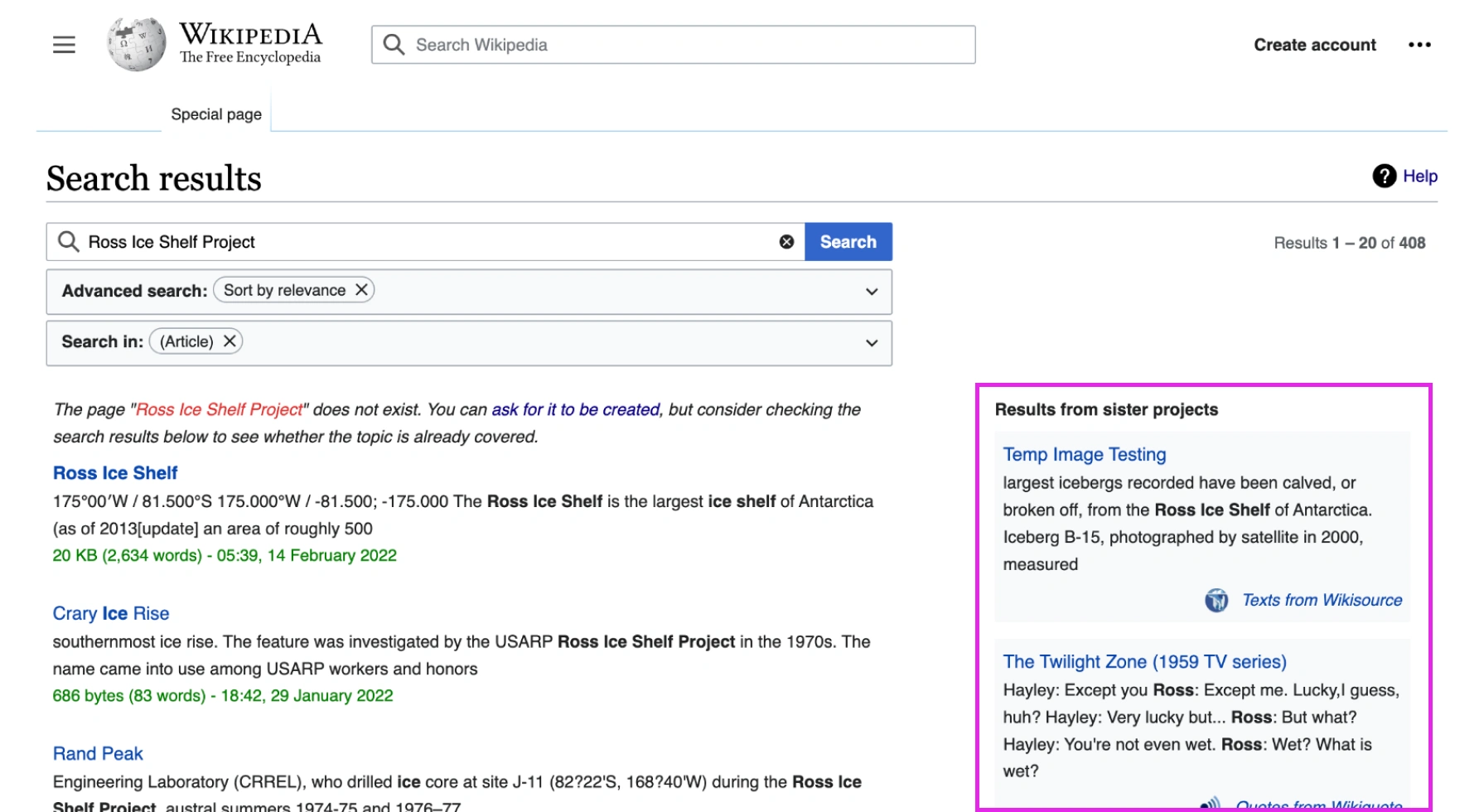 Screenshot of Wikipedia highlighting search results in sister projects