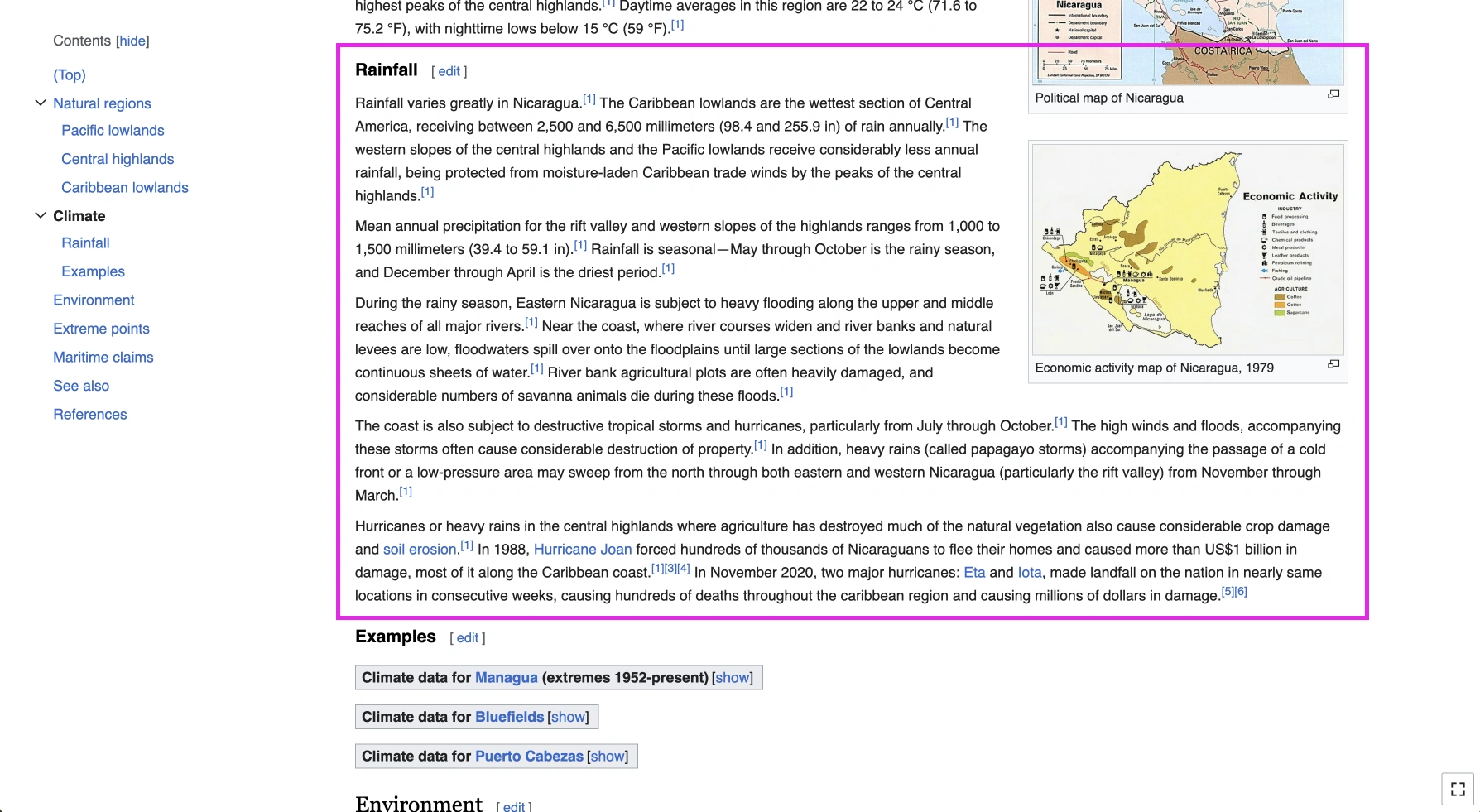 Screenshot of Wikipedia showing Rainfall section in the article named Geography of Nicaragua