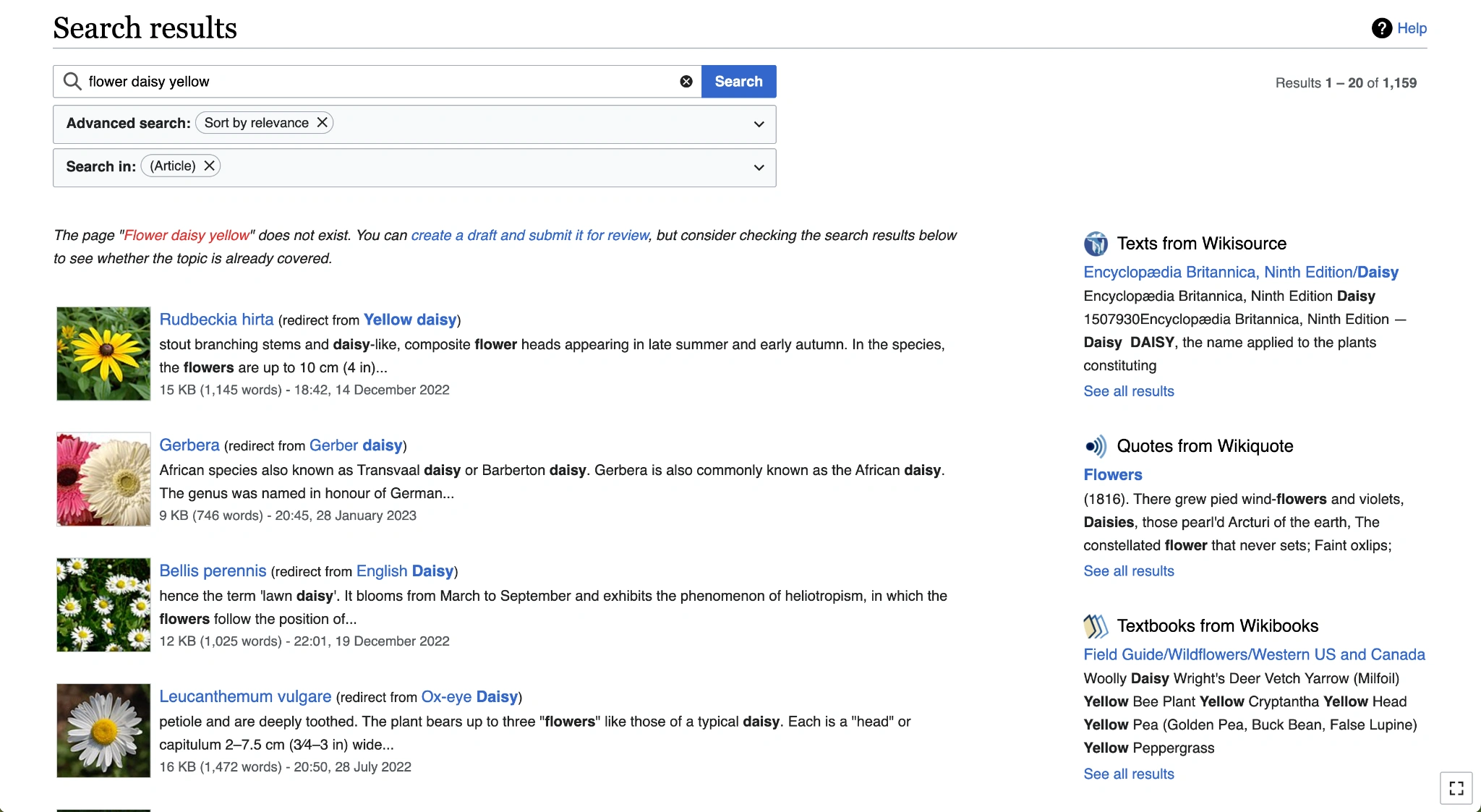 Screenshot of Wikipedia showing redesigned search page with thumbnail images