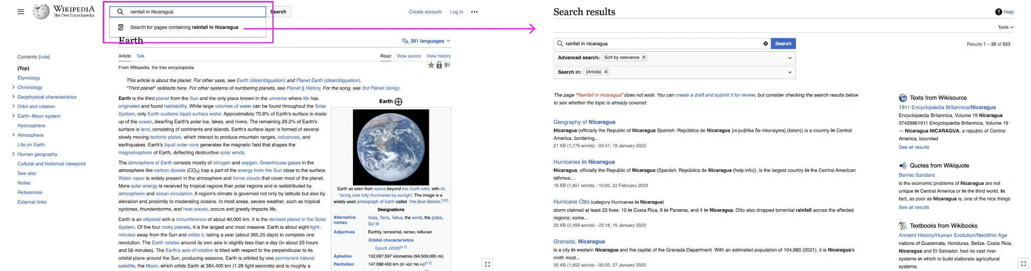 Screenshot of Wikipedia showing link to search page from the search bar and the search page