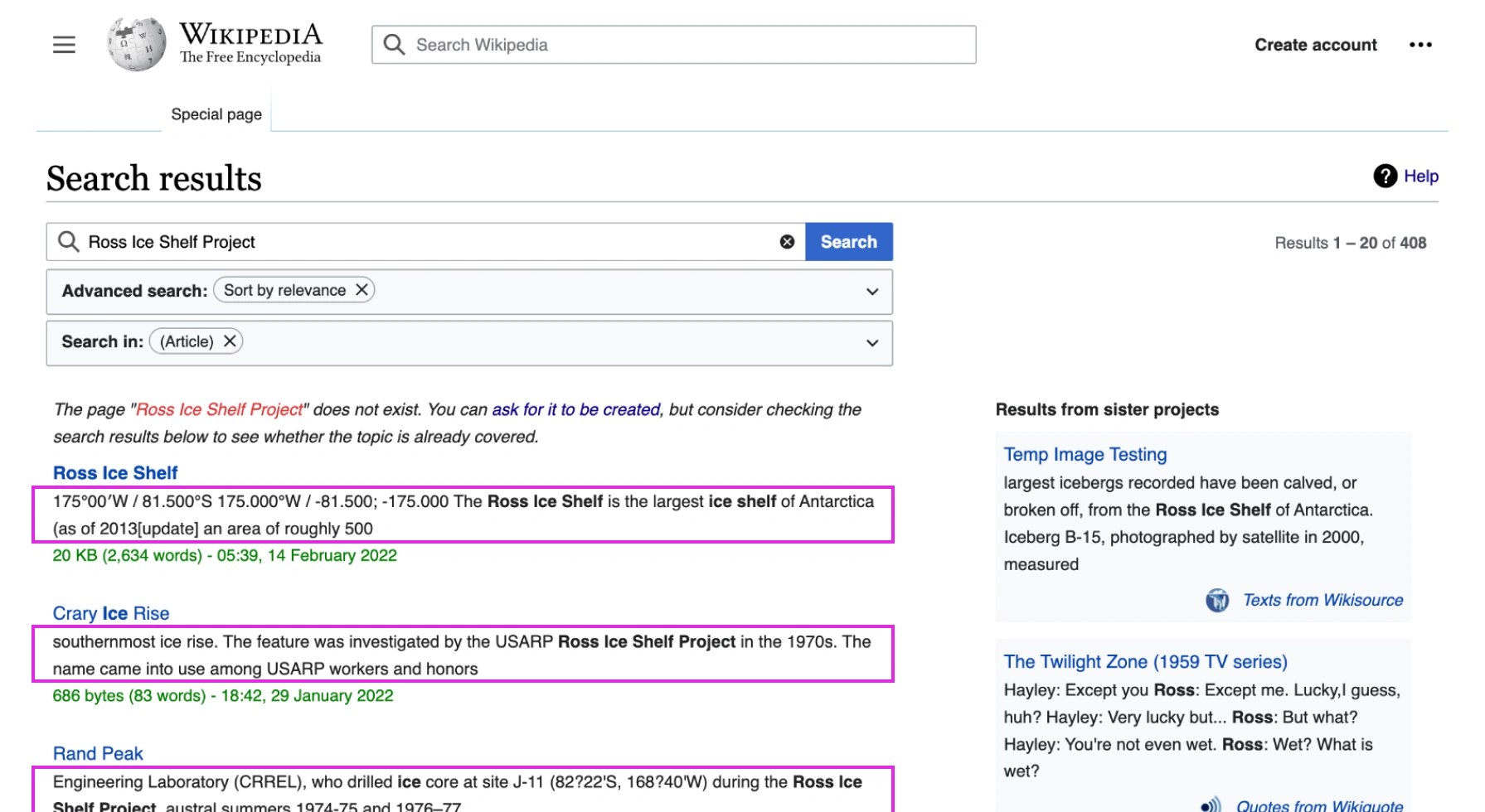 Screenshot of Wikipedia highlighting snippets in the search results on search page