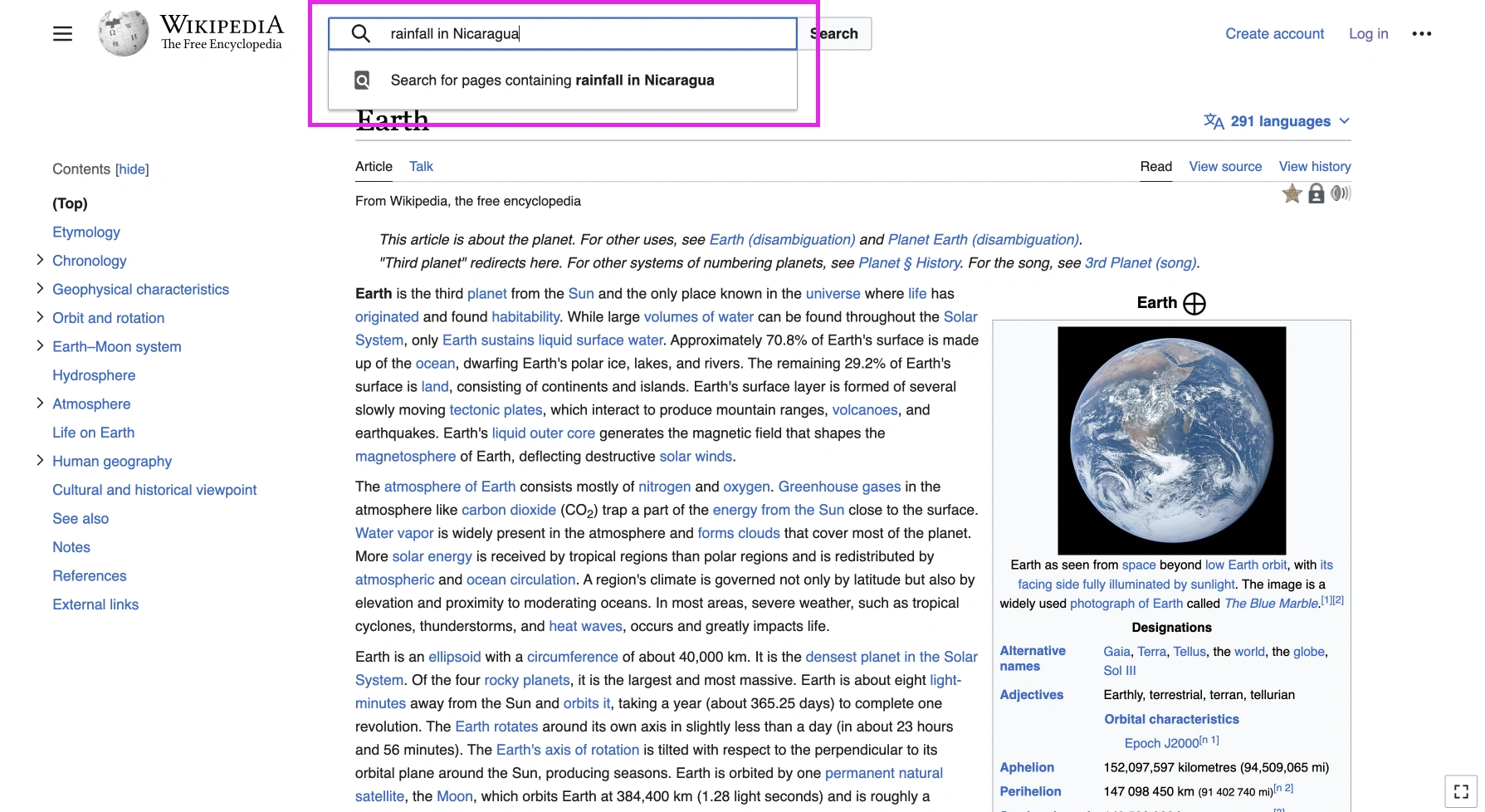 Screenshot of Wikipedia showing empty results in search box