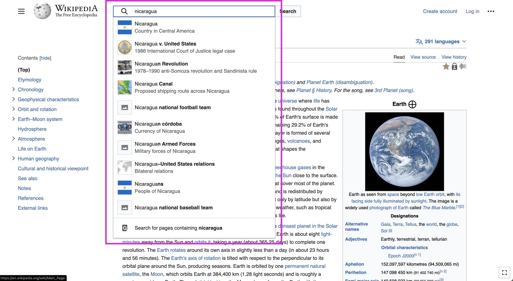 Screenshot of Wikipedia showing matched article suggestions in search box