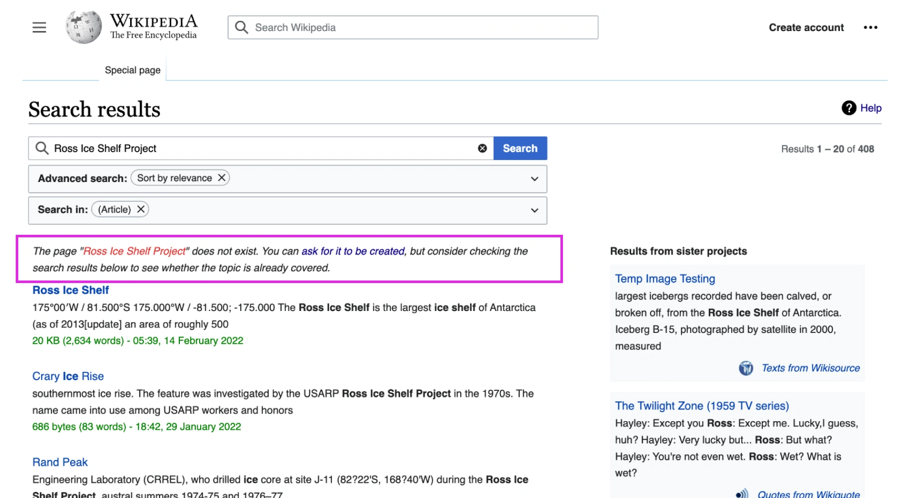 Screenshot of Wikipedia showing 'no page found' message