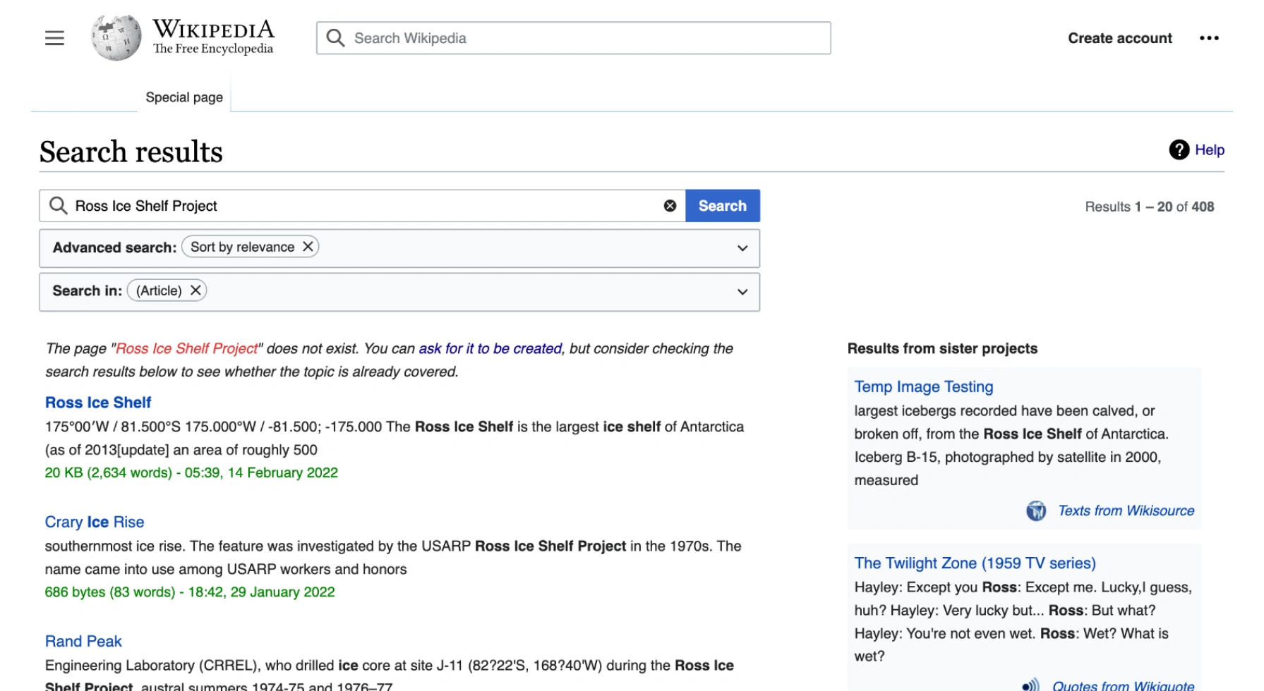 Screenshot of Wikipedia showing search page before redesign