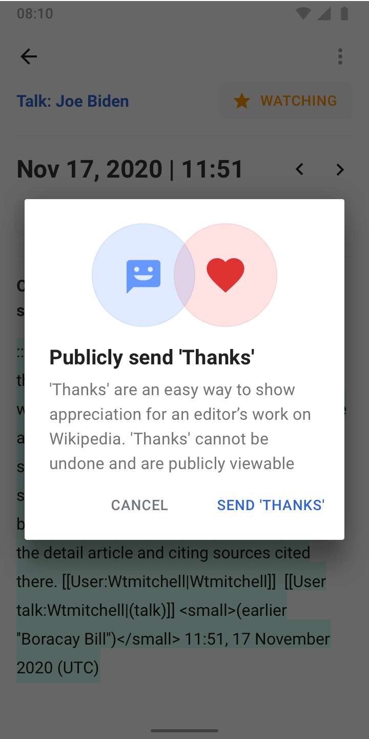 The 'Thanks' interaction in the Wikipedia for Android app